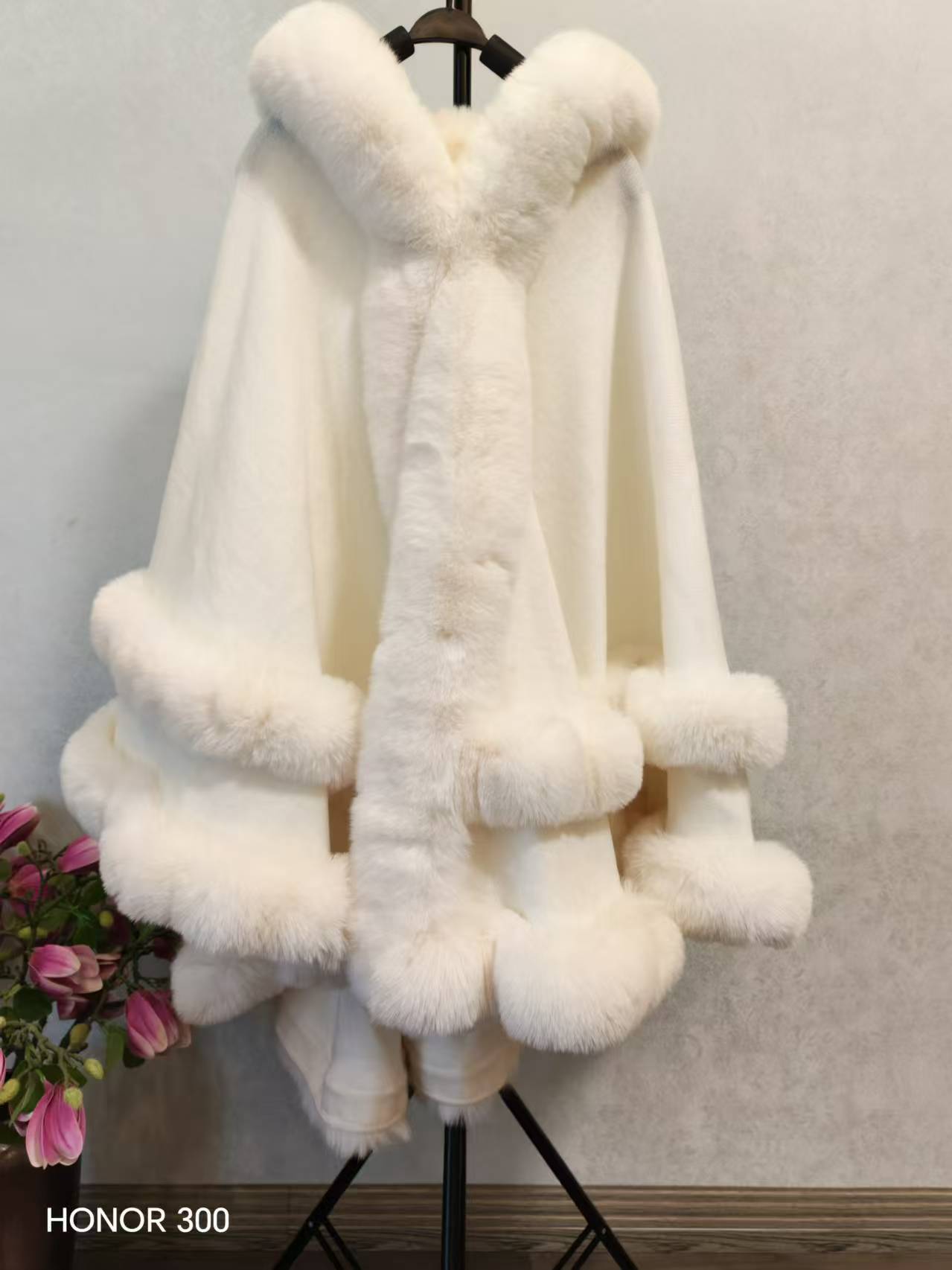 Winter Fleece Lined Wool Cape with Fur Collar