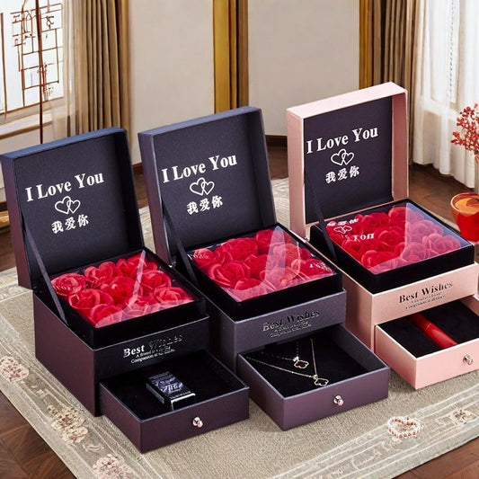 Double Layer Rose Jewelry Gift Box with Drawer