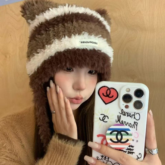 Winter Plush Striped Knitted Hat