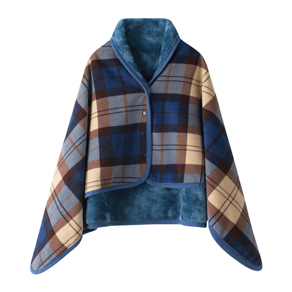 A buttoned shawl blanket for lunch break