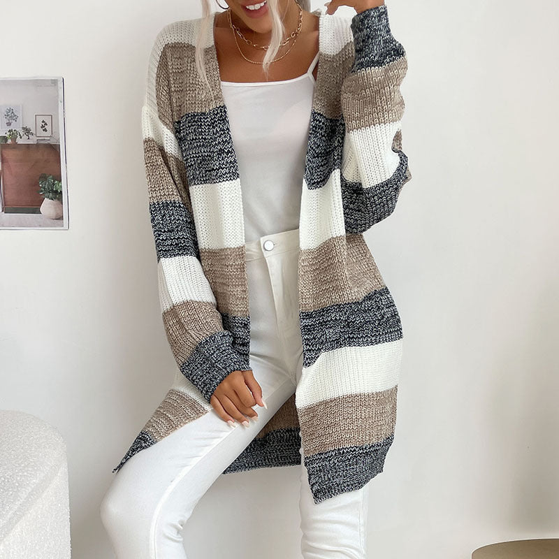 Womens Color Block Buttonless Sweater Coat
