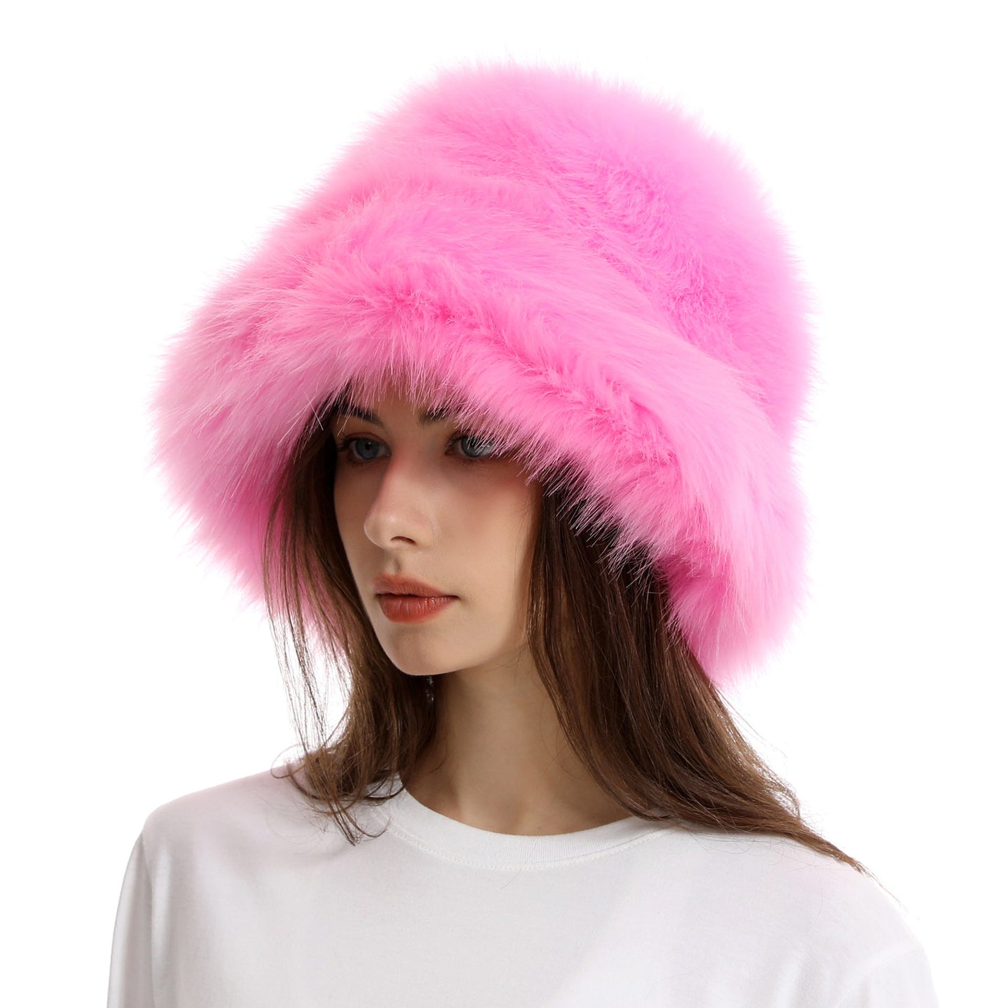 Winter Faux Fur Bucket Hat with Wide Brim