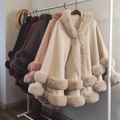 Winter Fleece Lined Wool Cape with Fur Collar