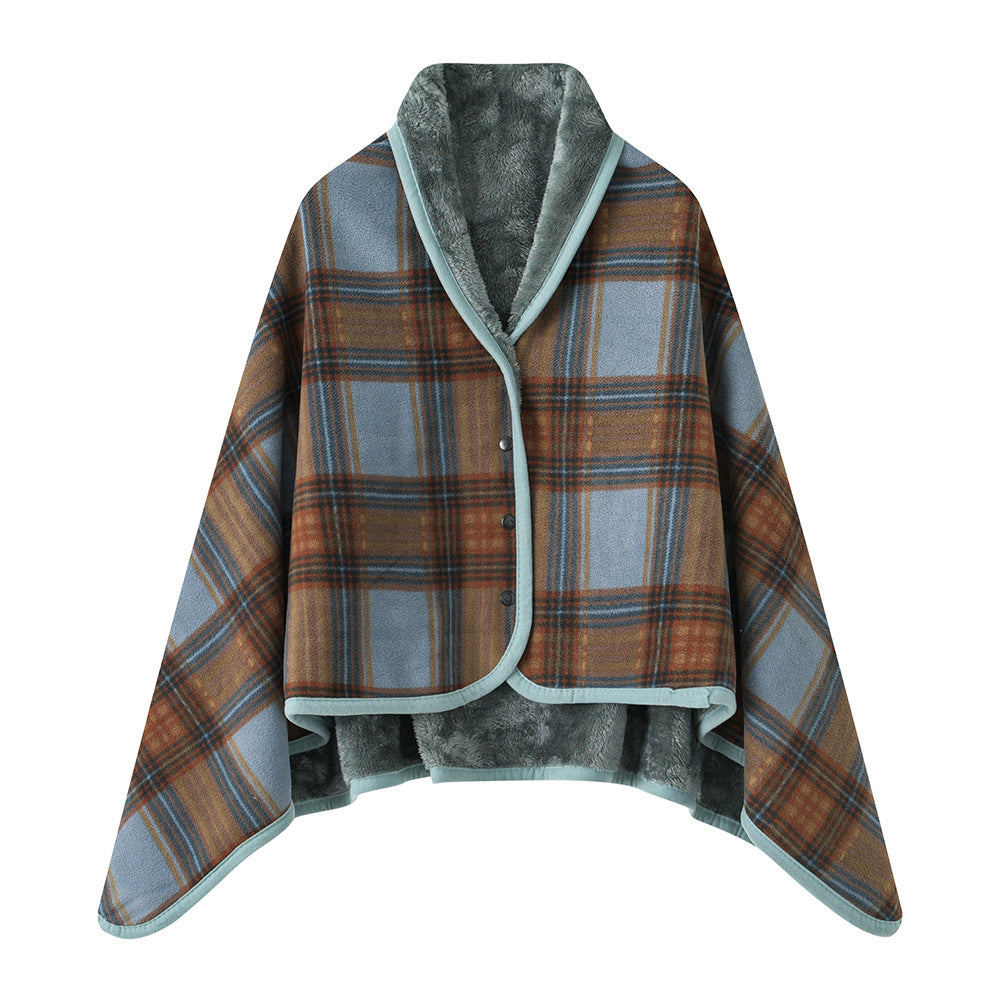 A buttoned shawl blanket for lunch break