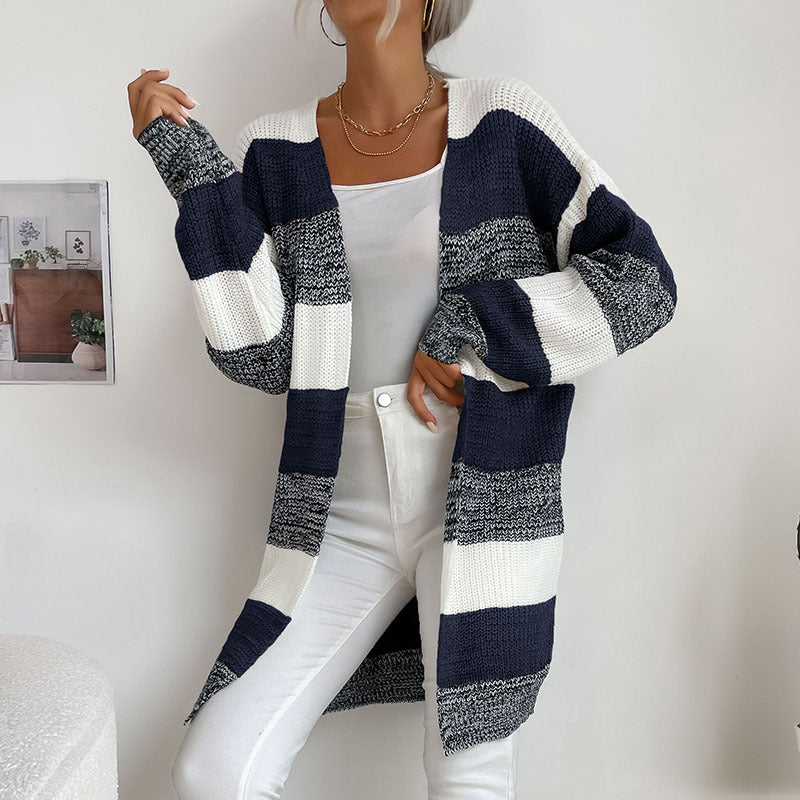 Womens Color Block Buttonless Sweater Coat