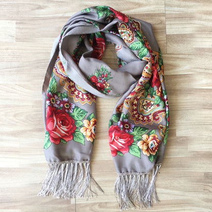 Floral Print Fringe Shawl