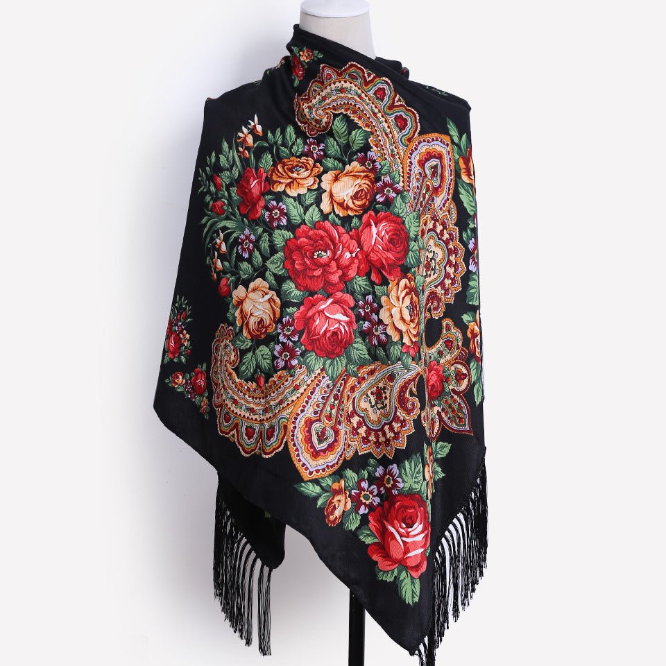 Floral Print Fringe Shawl