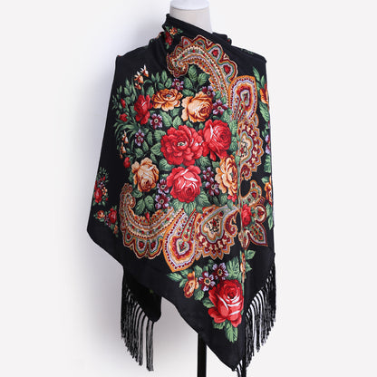 Floral Print Fringe Shawl