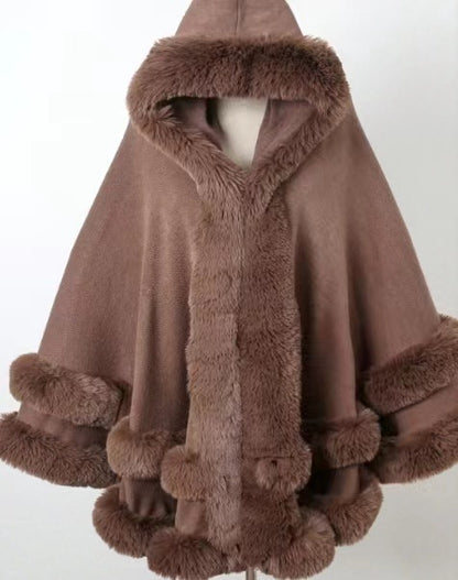 Winter Fleece Lined Wool Cape with Fur Collar