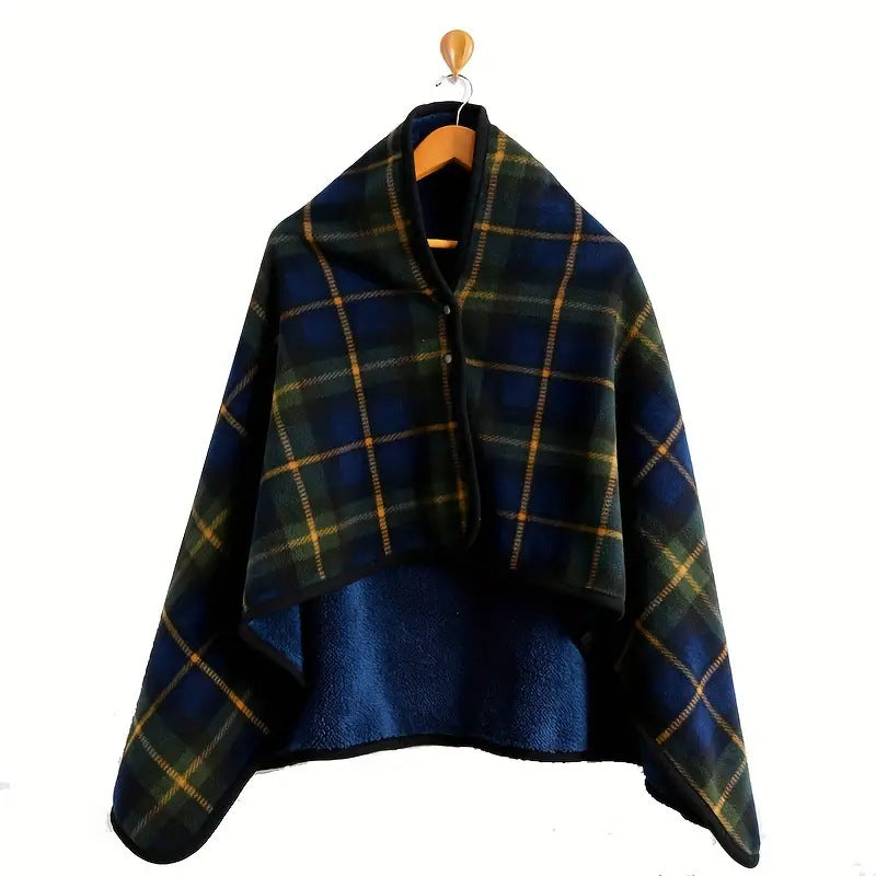 A buttoned shawl blanket for lunch break