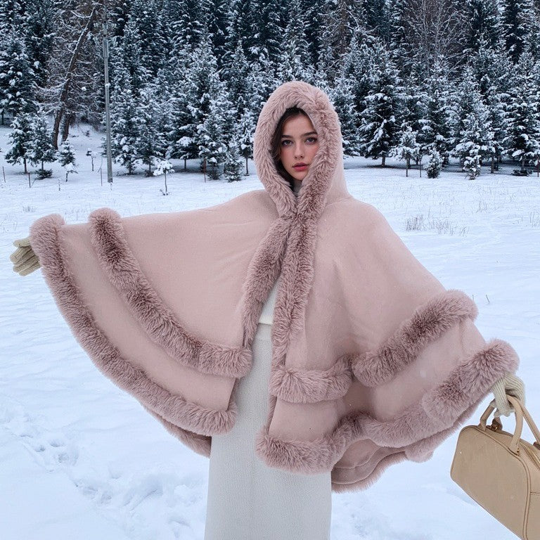 Knitted Fur Collar Shawl Cape
