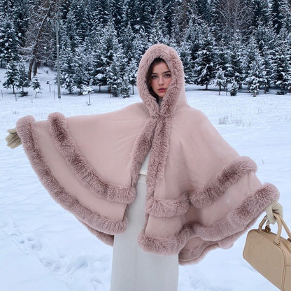Knitted Fur Collar Shawl Cape