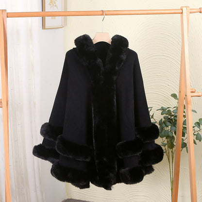 Winter Fleece Lined Wool Cape with Fur Collar