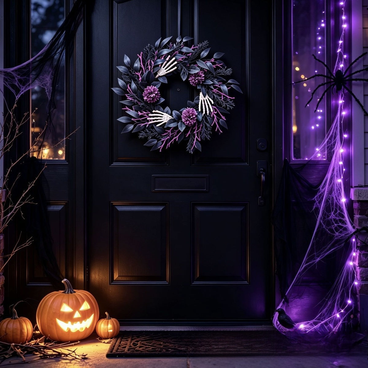 Halloween wreath decoration with skeleton spider motif