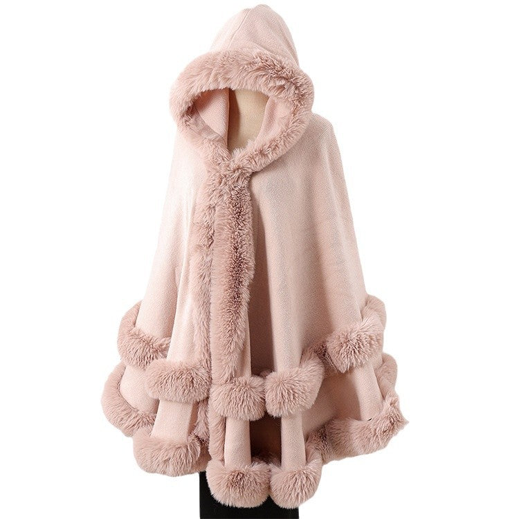 Knitted Fur Collar Shawl Cape