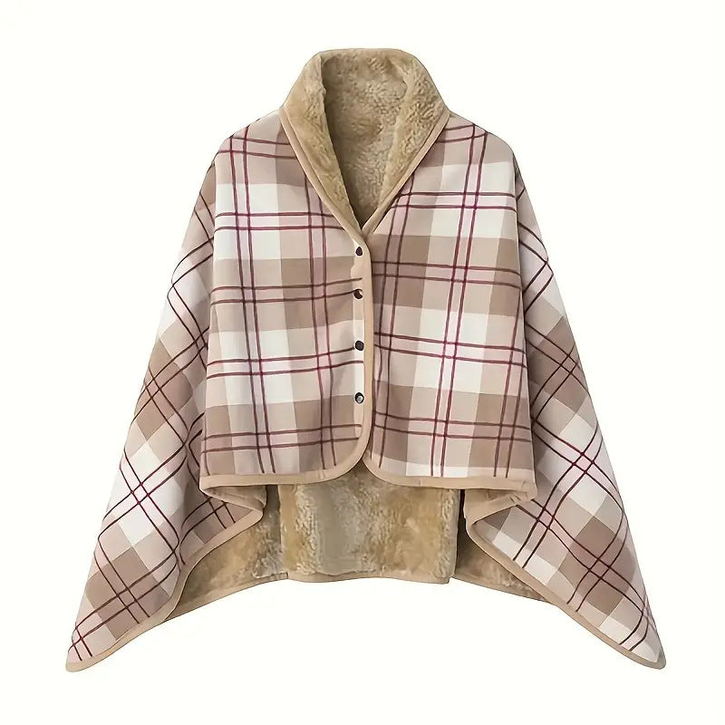 A buttoned shawl blanket for lunch break