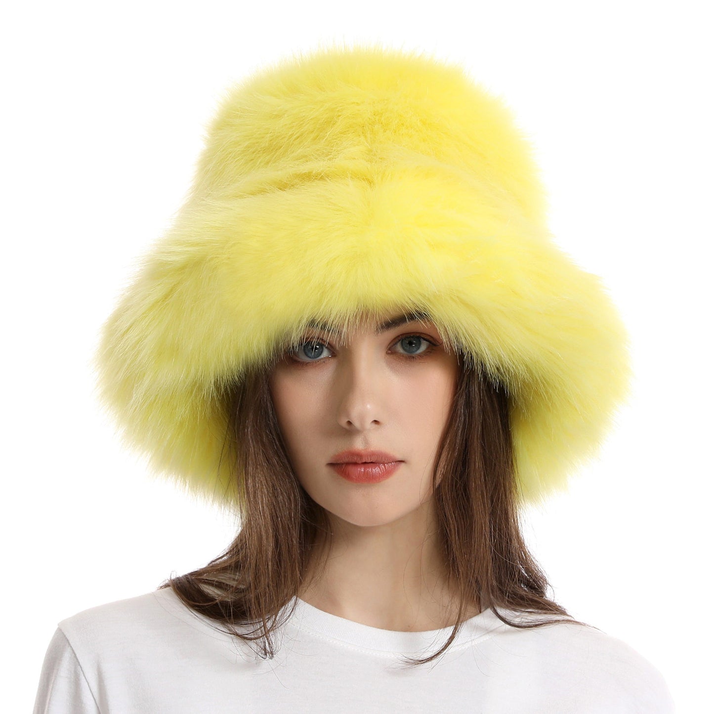 Winter Faux Fur Bucket Hat with Wide Brim