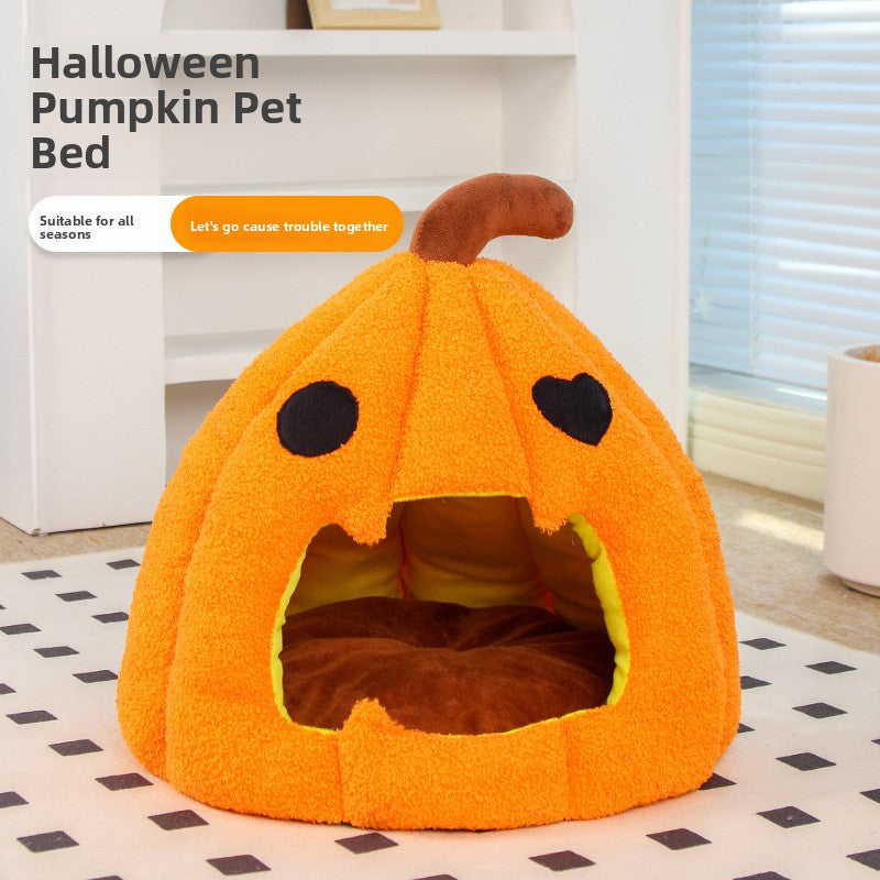 Halloween Pumpkin Pet Bed Warm Enclosed Cat Dog Nest