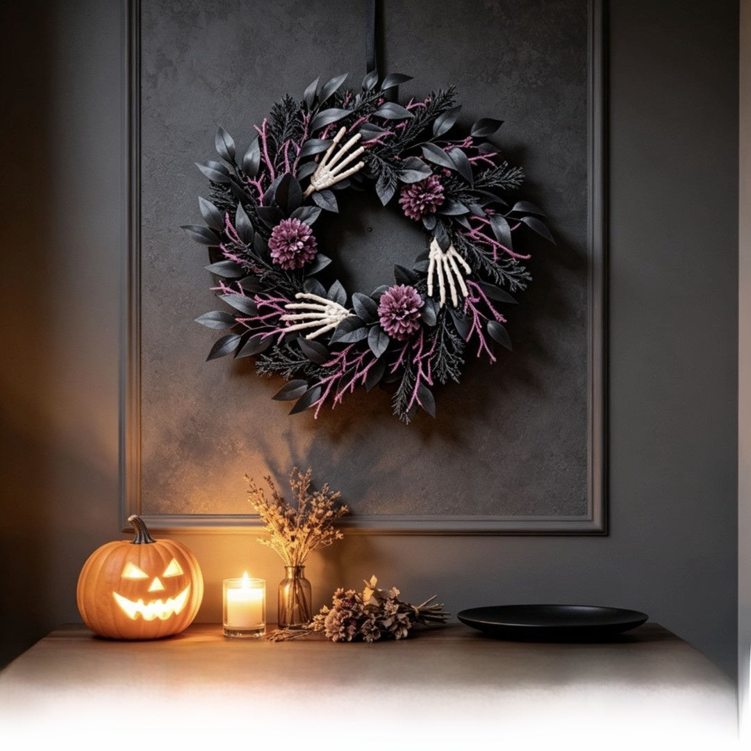 Halloween wreath decoration with skeleton spider motif