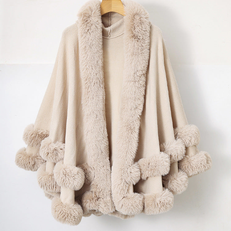 Knitted Fur Collar Shawl Cape