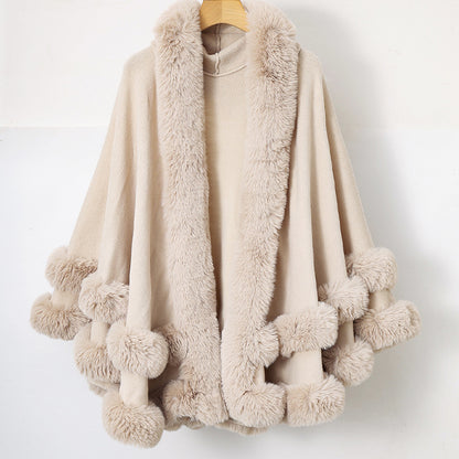 Knitted Fur Collar Shawl Cape