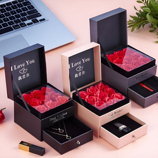 Double Layer Rose Jewelry Gift Box with Drawer