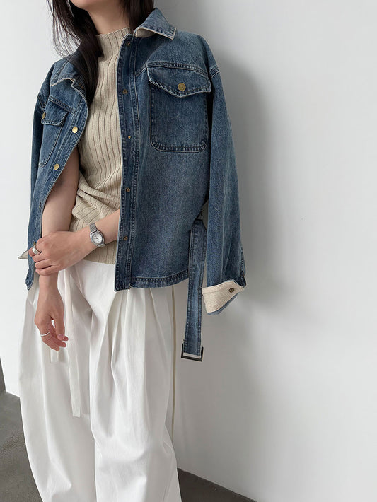 Retro washed denim women's fitted jacket with waistband