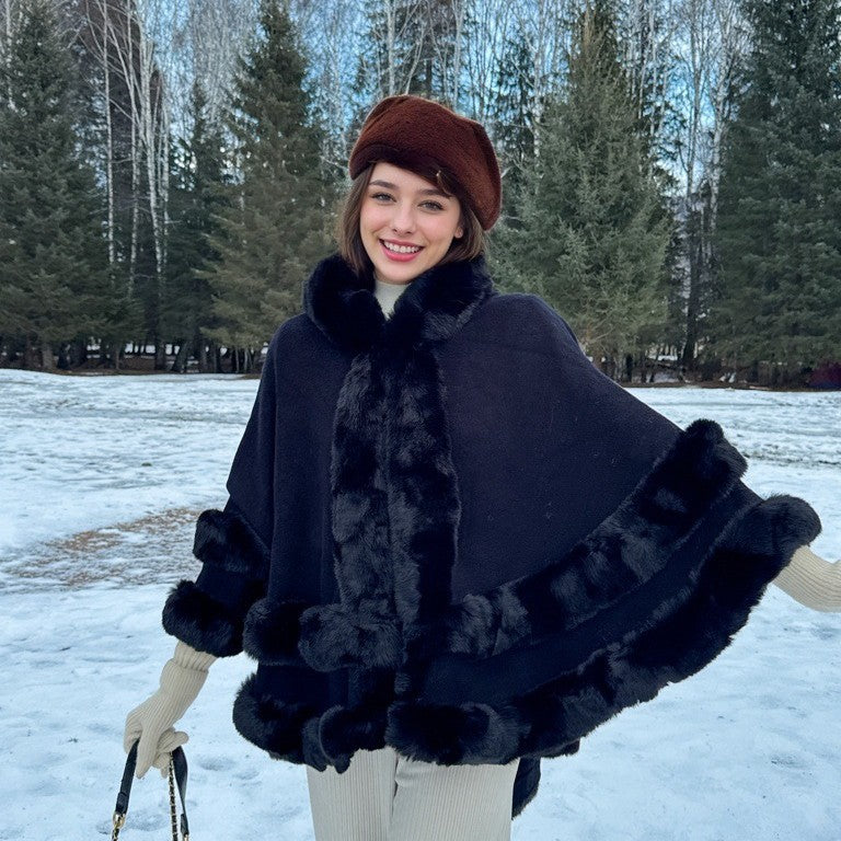 Knitted Fur Collar Shawl Cape