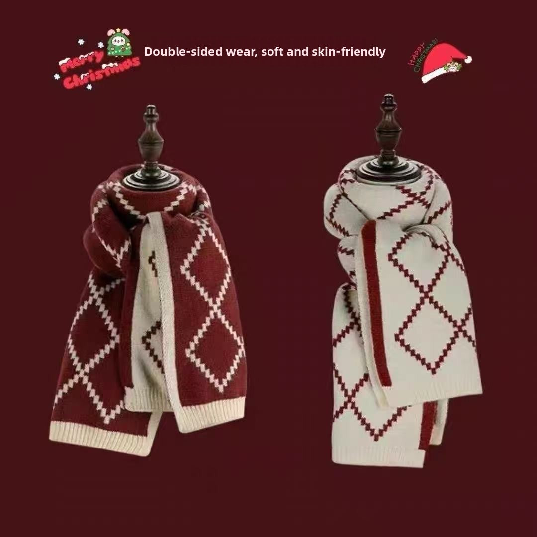 Knitted Winter Scarf with Christmas Patterns