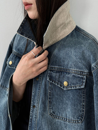 Retro washed denim women's fitted jacket with waistband
