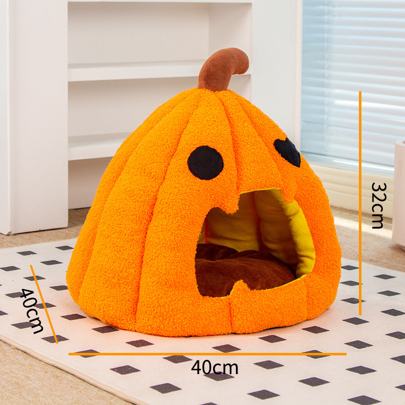 Halloween Pumpkin Pet Bed Warm Enclosed Cat Dog Nest