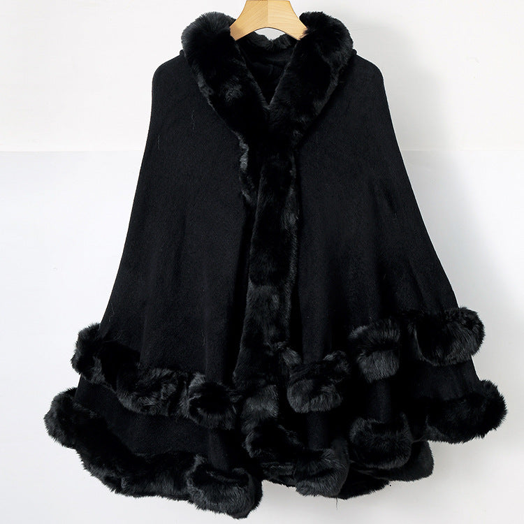 Knitted Fur Collar Shawl Cape