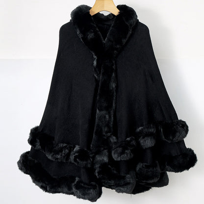 Knitted Fur Collar Shawl Cape