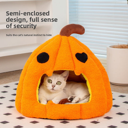Halloween Pumpkin Pet Bed Warm Enclosed Cat Dog Nest