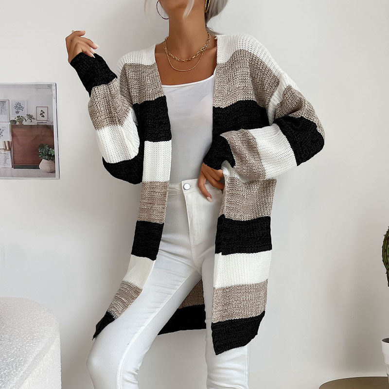 Womens Color Block Buttonless Sweater Coat