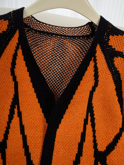 Autumn Winter Knitted Butterfly Color Block Batwing Sleeve Cardigan