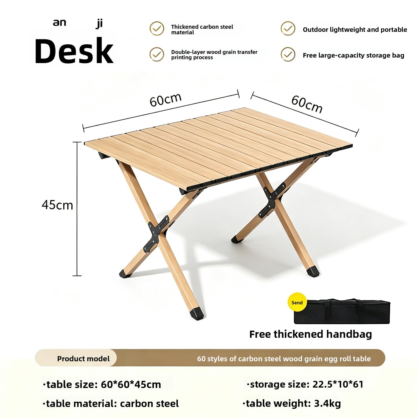 Portable Outdoor Folding Picnic Table with Wood Grain Surface