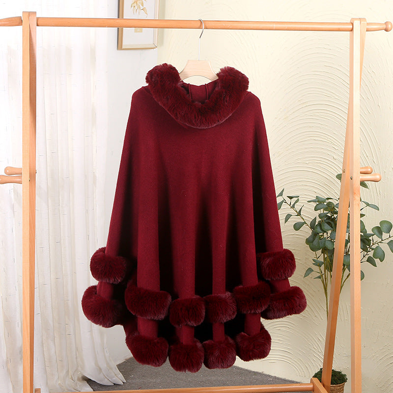 Winter Fleece Lined Wool Cape with Fur Collar