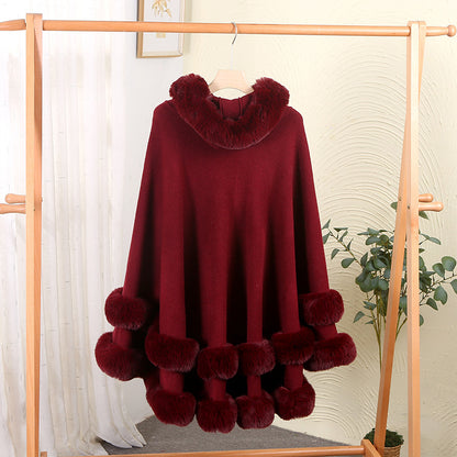 Winter Fleece Lined Wool Cape with Fur Collar
