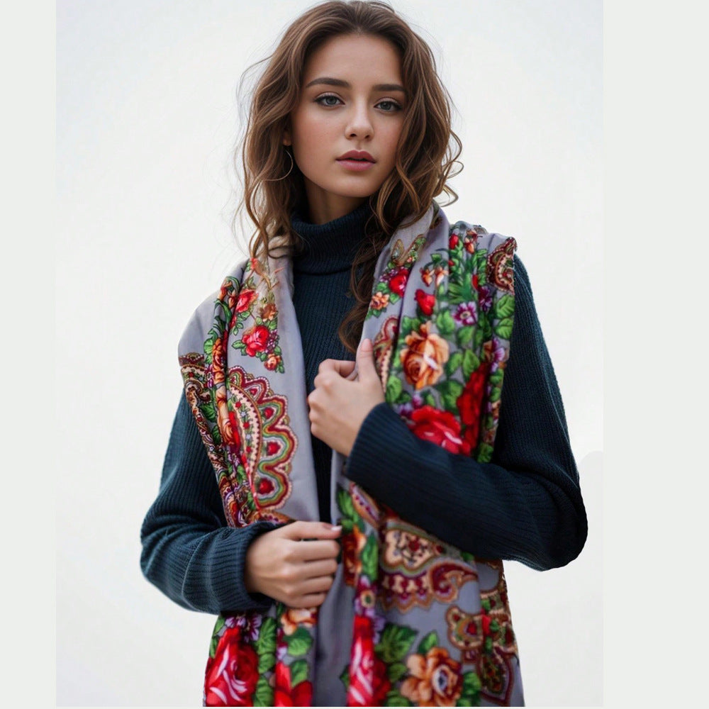 Floral Print Fringe Shawl