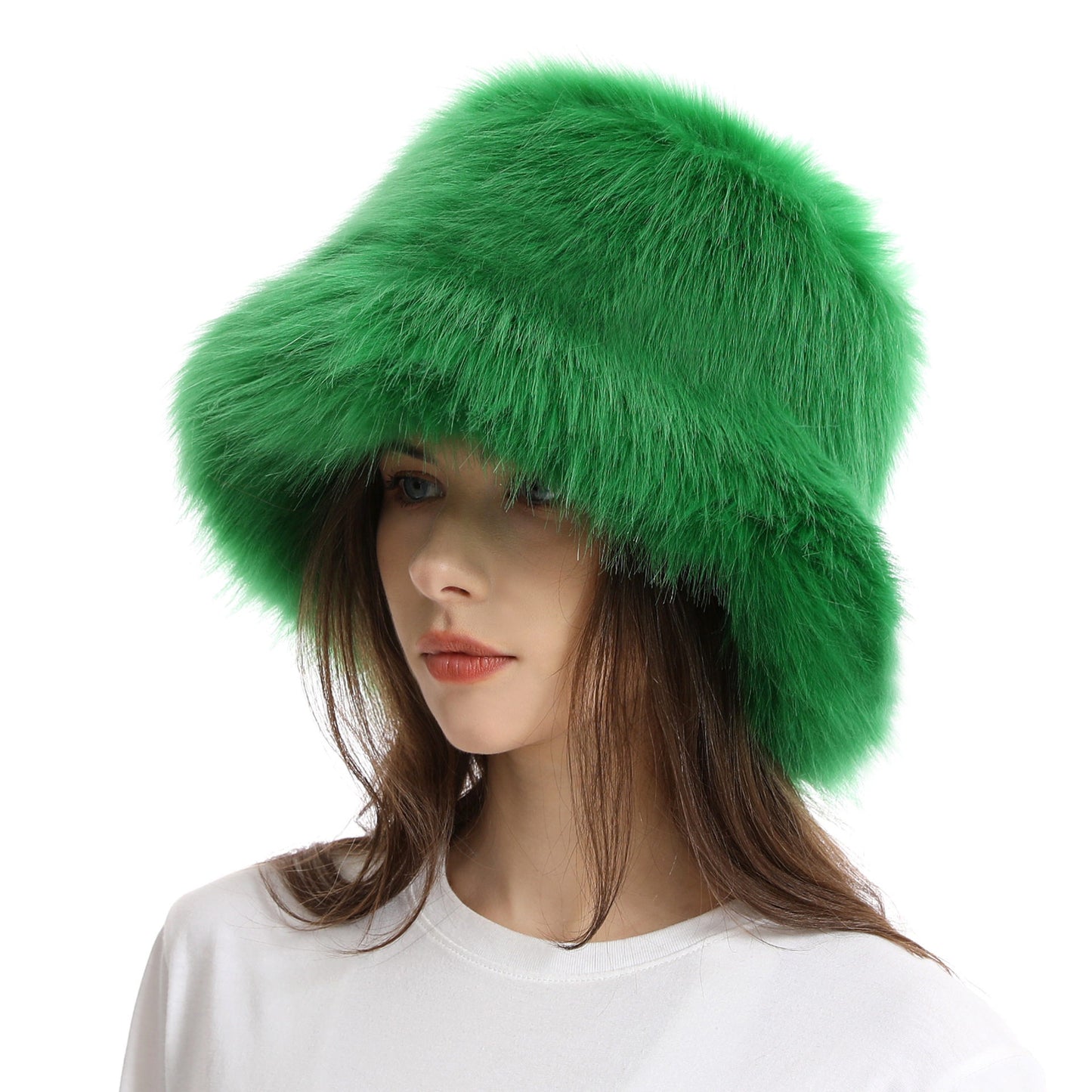 Winter Faux Fur Bucket Hat with Wide Brim
