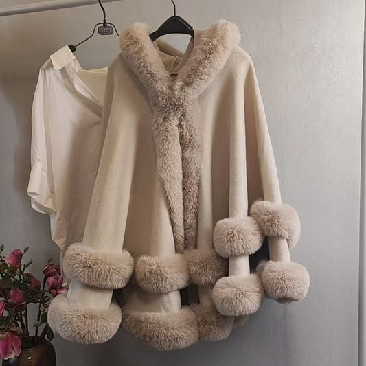 Winter Fleece Lined Wool Cape with Fur Collar