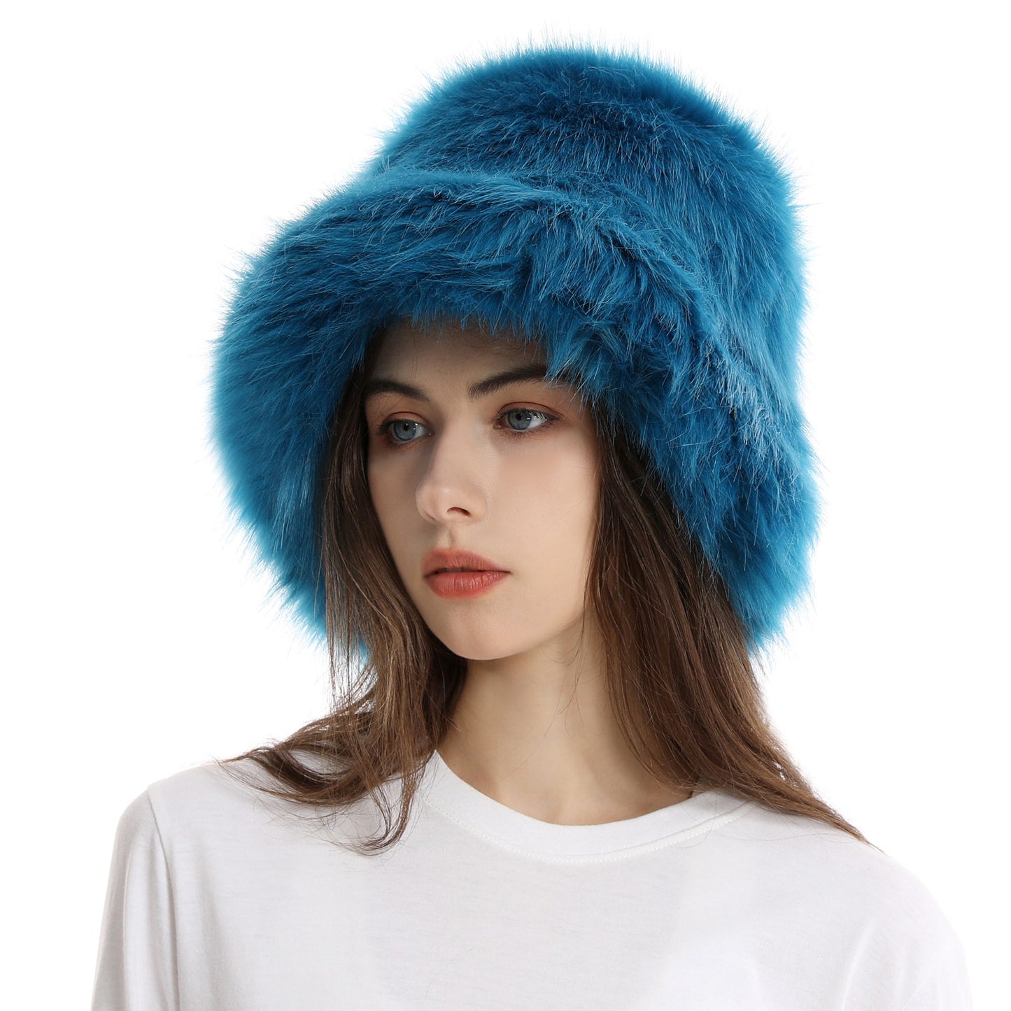 Winter Faux Fur Bucket Hat with Wide Brim