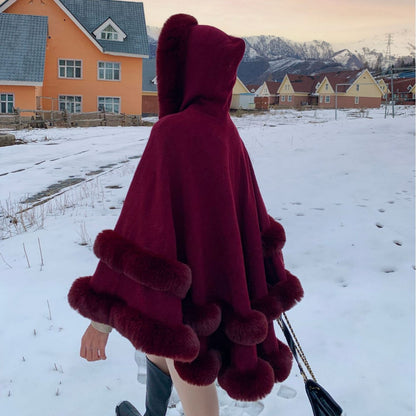 Knitted Fur Collar Shawl Cape
