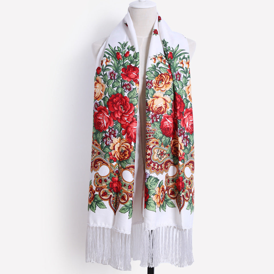 Floral Print Fringe Shawl