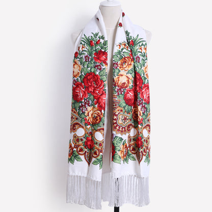 Floral Print Fringe Shawl