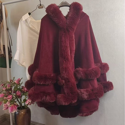 Winter Fleece Lined Wool Cape with Fur Collar
