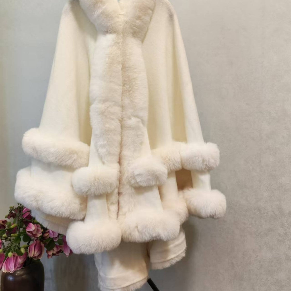 Winter Fleece Lined Wool Cape with Fur Collar