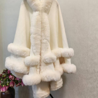Winter Fleece Lined Wool Cape with Fur Collar