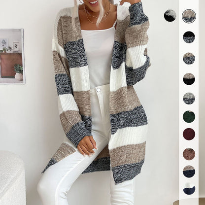 Womens Color Block Buttonless Sweater Coat